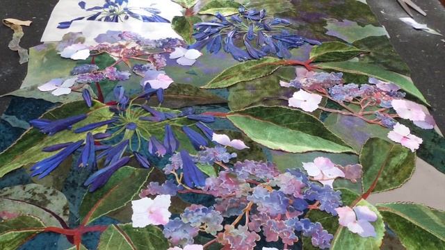 Agapanthus and Hydrangea aspera - textile collage - Amanda Richardson Artist смотреть онлайн