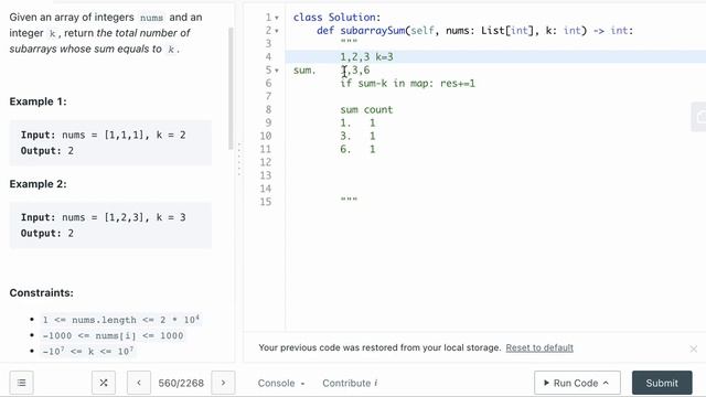 LEETCODE 560 SUBARRAY SUM EQUALS K PYTHON смотреть онлайн