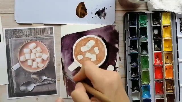Как нарисовать чашку какао с маршмеллоу акварелью быстро смотреть онлайн