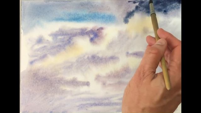 We draw the sky, clouds in wet watercolor. Speed up video. смотреть онлайн