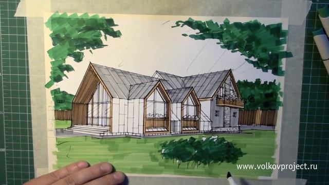 Эскиз загородного дома маркерами. смотреть онлайн