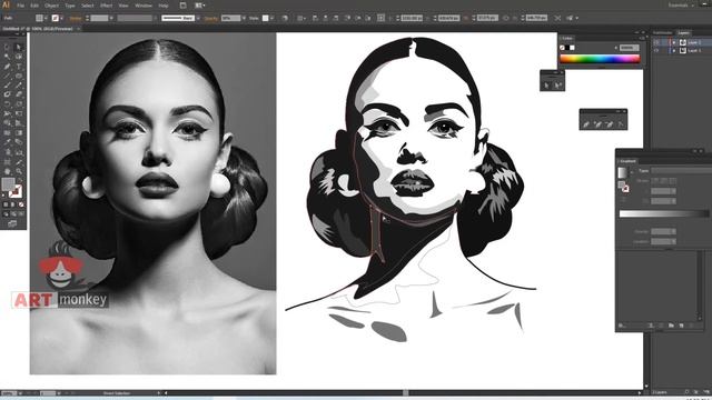 How to draw black and white portrait illustration by adobe illustrator | art monkey | painting смотреть онлайн