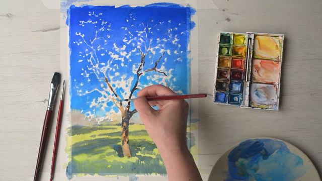 WATERCOLOR Painting TUTORIAL - How to Paint a Blooming TREE смотреть онлайн