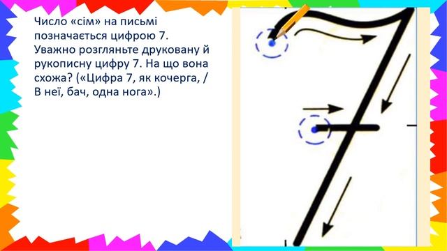 Матем.1 клас ур 21 Число і цифра 7. Поняття «сьомий». Склад числа 7. Дні тижня. Написання цифри 7. смотреть онлайн