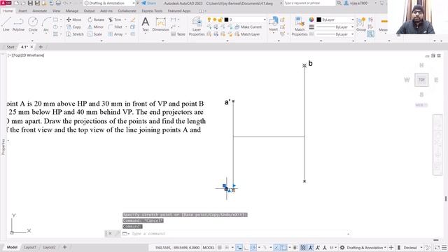 AutoCAD Drawing: 4.2 Drawing Projection of Points and calculation of length of front and top view смотреть онлайн