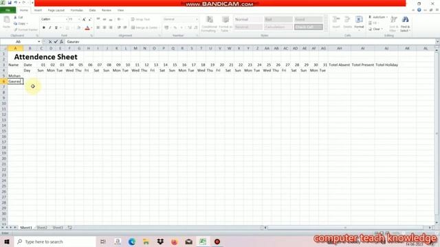 Ms excel class-8 (Attendence Sheet in Hindi) ms excel me attendence sheet kaisa bnate h #basic смотреть онлайн