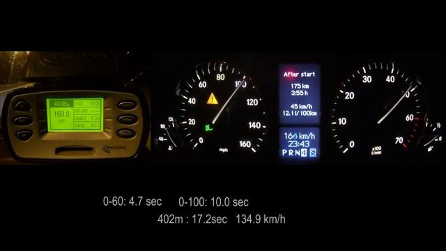 Mercedes C230 Kompressor W203  0-100, 0-150, 0-200 Racelogic Acceleration, 402m