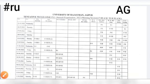 Rajasthan University PG Exam date 2022 | RU Ma, M.sc, M.com previous/final time table 2022 смотреть онлайн