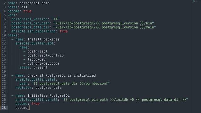 Install PostgreSQL in Debian like systems Ansible modules apt, stat, shell, service смотреть онлайн