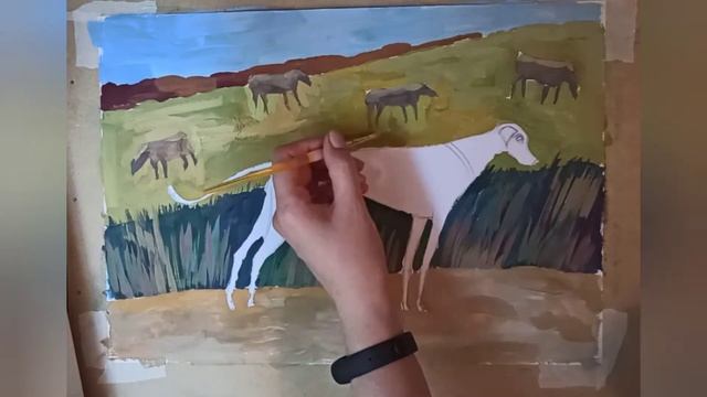 Как нарисовать собаку и сельский пейзаж гуашью. Школа рисования для детей. смотреть онлайн