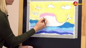 Урок рисования для детей « Волшебный кит « Рисуем дома , гуашь , подробный видеоурок