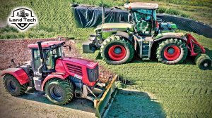 Тракторы Кировец К-744Р4 и CLAAS Xerion 3800 трамбуют сенаж. Навесной трамбовщик силоса из Ж/Д колес