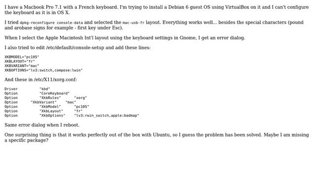Configuring French Macbook Pro (7.1) keyboard with Debian 6 смотреть онлайн
