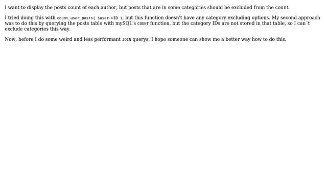 Wordpress: Get author posts count after excluding a category смотреть онлайн