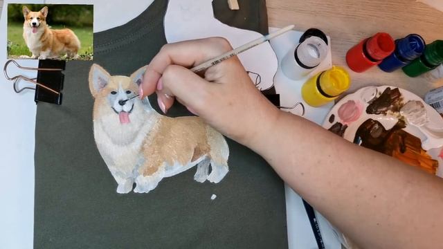 Роспись футболки. Корги-2часть. Создание рисунка красками по ткани 