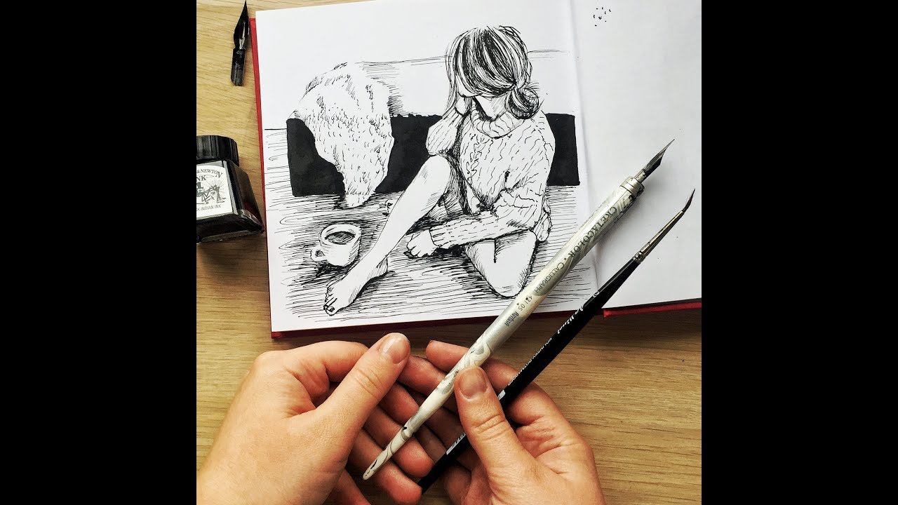 Чернильный марафон. Четвертый урок: как рисовать прическу, дерево и ткань. Запись прямого эфира. смотреть онлайн