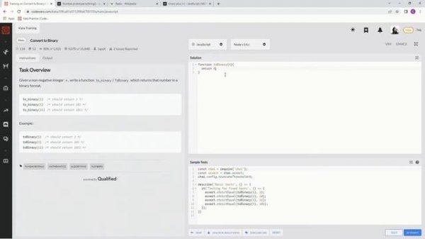 Codewars 8 kyu Convert to Binary JavaScript