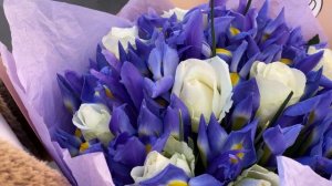 Букет из 10 белых роз (Кения) STANDART и 25 синих ирисов