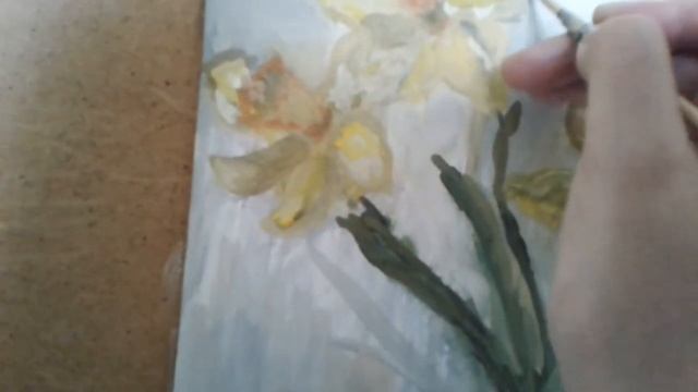 НАТЮРМОРТ ГУАШЬЮ С НАТУРЫ. НАРЦИССЫ. ЭТЮД. смотреть онлайн