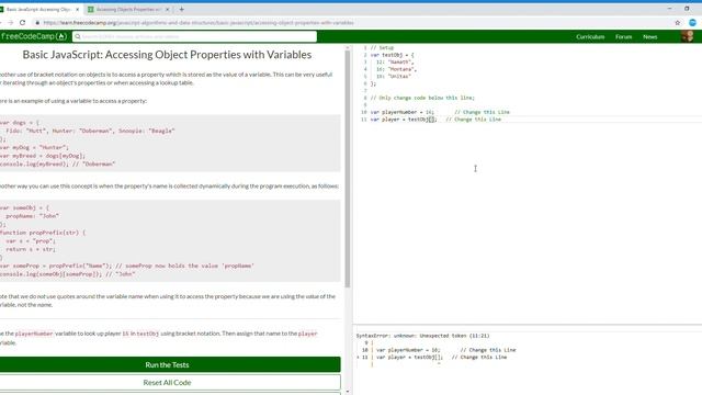 Basic JavaScript Accessing Object Properties with Variables 84/111 Learn freeCodeCamp смотреть онлайн