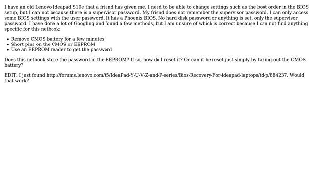 Reset supervisor password on Lenovo Ideapad S10e смотреть онлайн