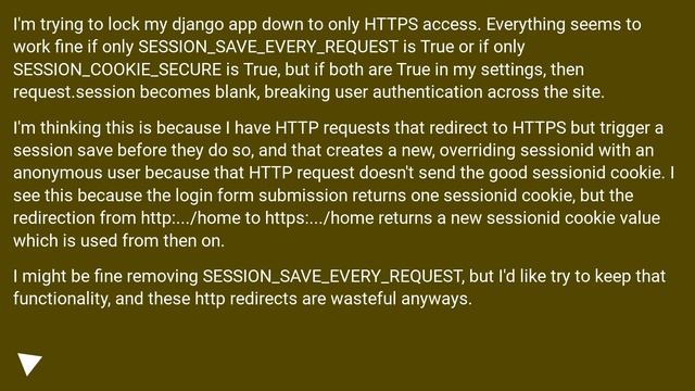 Django HTTPS settings: Why does setting both SESSION_SAVE_EVERY_REQUEST and SESSION_COOKIE_SECURE b смотреть онлайн