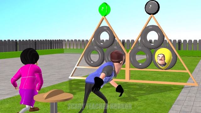 Scary Teacher 3D Who Faster Foot Games With Tire Lucky And Balloon Mask Miss T vs 3 Neighbor Fun смотреть онлайн