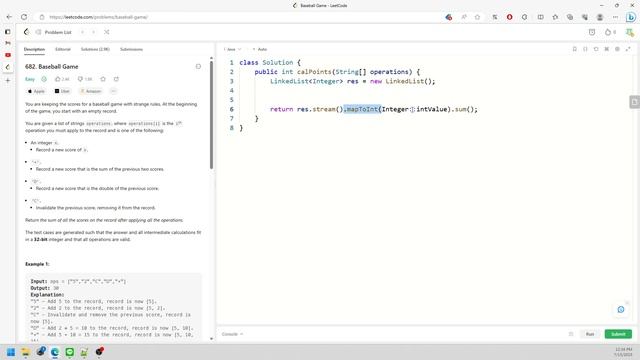 LeetCode 682 | Baseball Game | LinkedList | Debug | Java смотреть онлайн