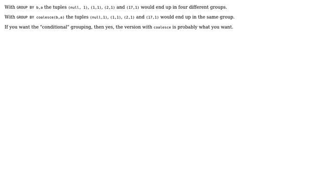 Difference between GROUP BY B,A and GROUP BY COALESCE(B,A) (2 Solutions!!) смотреть онлайн