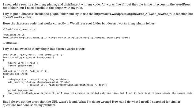 Wordpress: Add rewrite rule in plugin: with .htaccess in plugin folder or using WordPress functions смотреть онлайн