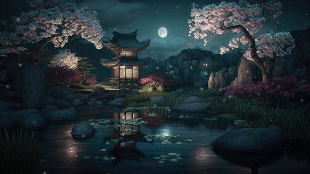 Дзен медитативное путешествие в японском водном саду в ночь полнолуния с расслабляющей атмосферой смотреть онлайн