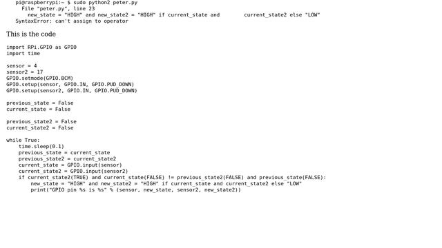 Raspberry Pi: SyntaxError: can't assign to operator смотреть онлайн