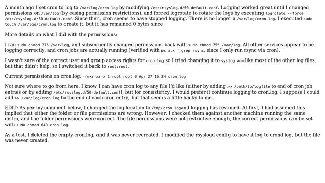 Cron stopped logging to /var/log/cron.log смотреть онлайн