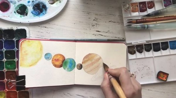 рисуем акварелью солнечную систему watercolor sun system planet galaxy
