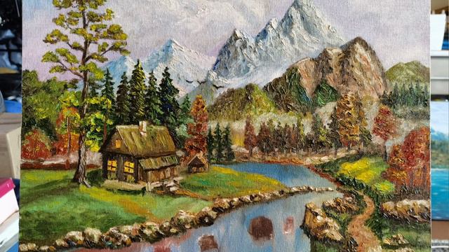 Картина маслом 40х50 Домик у реки.