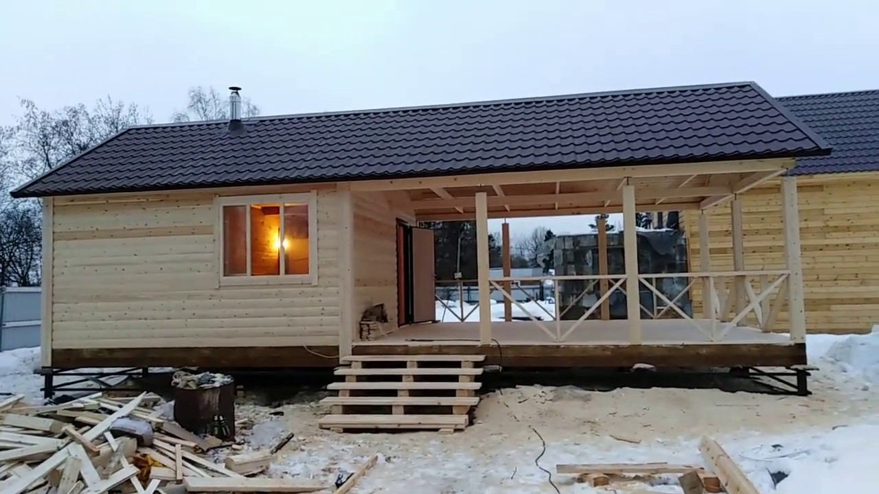 Баня из бруса с огромной террасой (печка в подарок)! Одноэтажная баня из профилированного бруса. смотреть онлайн