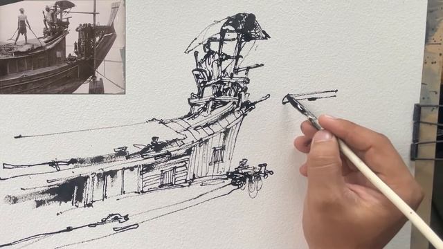 Freehand Ink Sketching | Burmese Paddy Boat | Timelapse Drawing смотреть онлайн