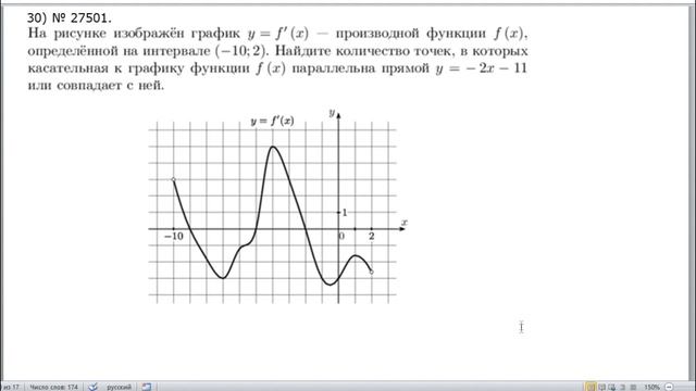 № 27501 Дан график производной Найти количество точек в которых касательная к графику функции смотреть онлайн