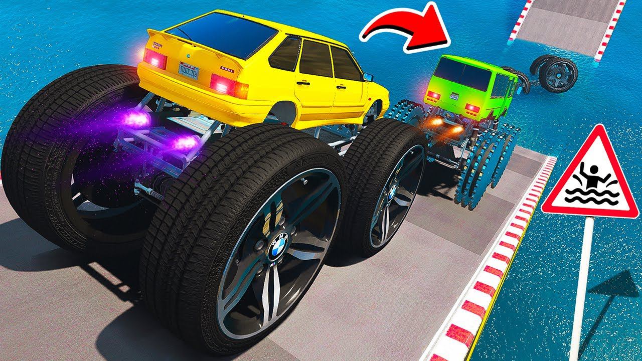 СМОГУТ ЛИ ГИГАНТСКИЕ МАШИНЫ ПРОЕХАТЬ БОЛЬШУЮ ЛУЖУ В ГТА 5 МОДЫ! ЭКСПЕРИМЕНТЫ В GTA 5 ВИДЕО MODS смотреть онлайн