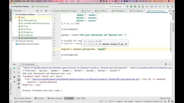 07 Python Crashkurs: Dictionary: Zugriff mit [ ] und get( ), Beispiel für keys(), values(), items() смотреть онлайн