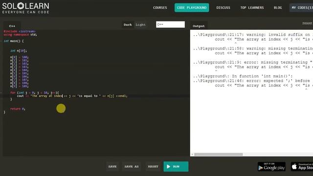 03. C++ tutorial on arrays and the size of it using Solo Learn, Code Playground смотреть онлайн