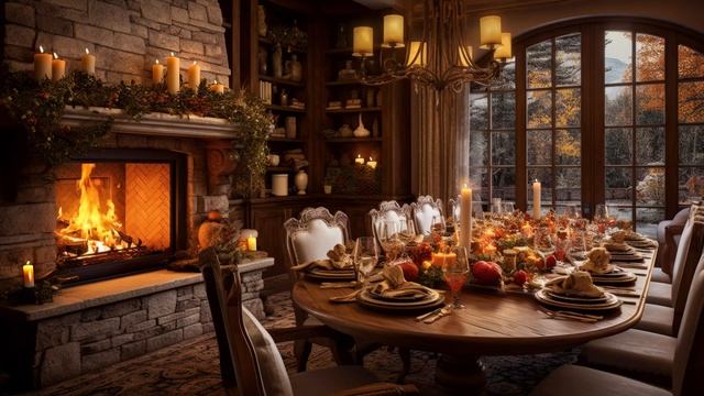 Праздничный камин и дождь — атмосфера ужина в честь Дня Благодарения смотреть онлайн