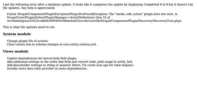 Drupal: '"media_edit_action" plugin does not exist' error when performing update смотреть онлайн