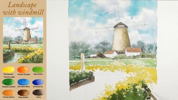 Landscape Watercolor - Landscape with Windmill (wet-in-wet, Arches rough) NAMIL ART