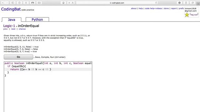 Logic 1 (inOrderEqual) Java Tutorial || codingbat com смотреть онлайн