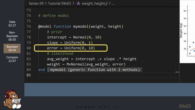 [09x03] Bayesian Linear Regression | Turing.jl | Weight and Height Association in Human Adults смотреть онлайн