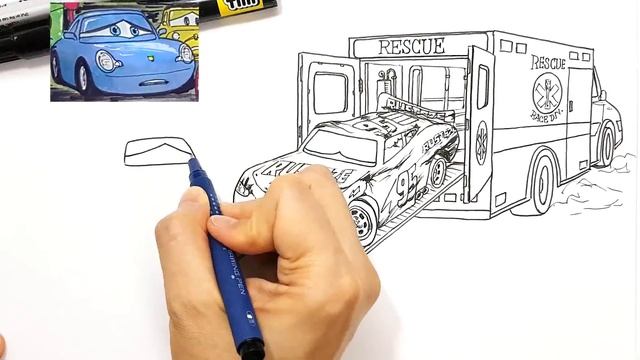 Draw LIGHTNING McQUEEN badly injured after crash CARS 3 ambulance rescue drawing coloring pages смотреть онлайн