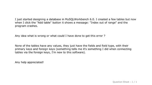 MySQL : Error "Index out of range" in MySQL Workbench 6.0.8.11354 (6.0), what is wrong? смотреть онлайн