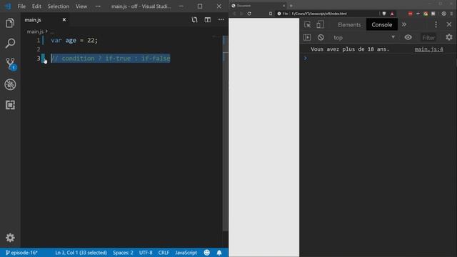 [16/??] Comment utiliser l'opérateur ternaire | Javascript & ES6/7/8 pour débutants 2019 смотреть онлайн