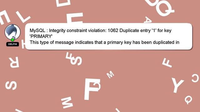 MySQL : Integrity constraint violation: 1062 Duplicate entry '1' for key 'PRIMARY' смотреть онлайн